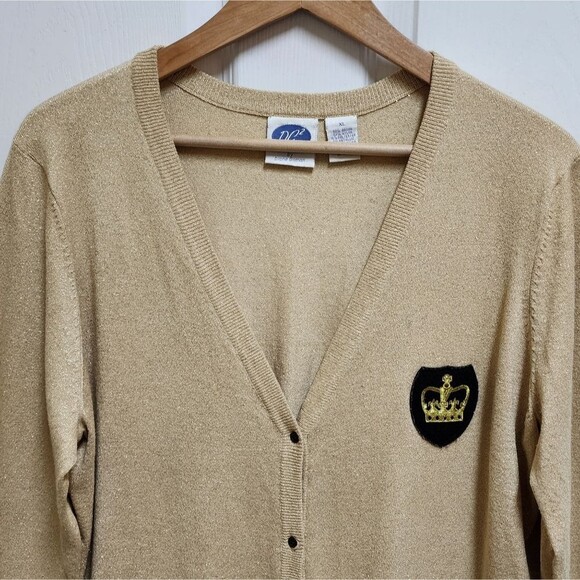 DG2 Cardigan Sweater Womens XL Gold Metallic Crest Button Pockets V Neck Sparkle - Picture 3 of 11